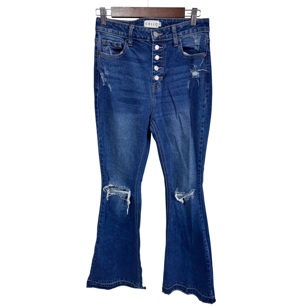 Cello Women's 5‎ Cotton Jeans Distressed Flare Y2K Boho Button Fly Denim